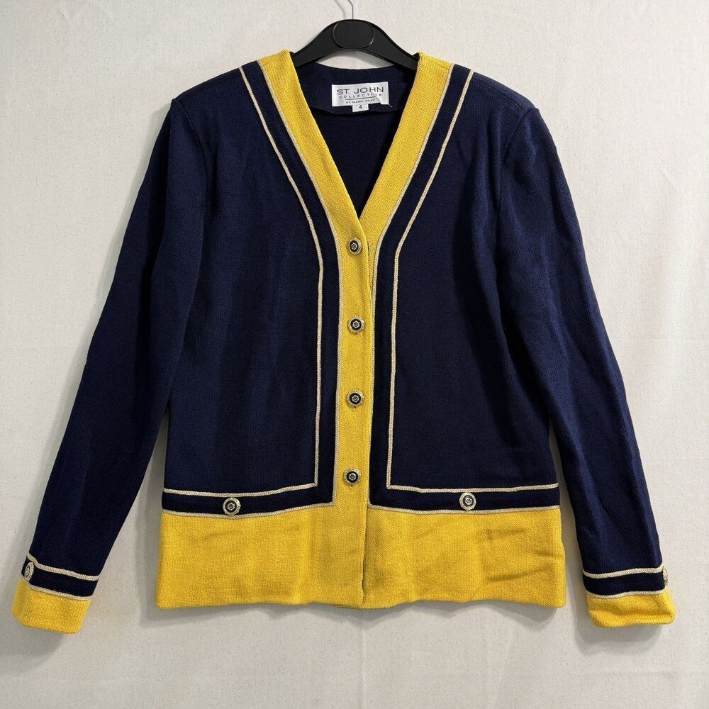 St. John Collection Women 4 Navy Yellow Knit Cardigan Jacket Shoulder Pads